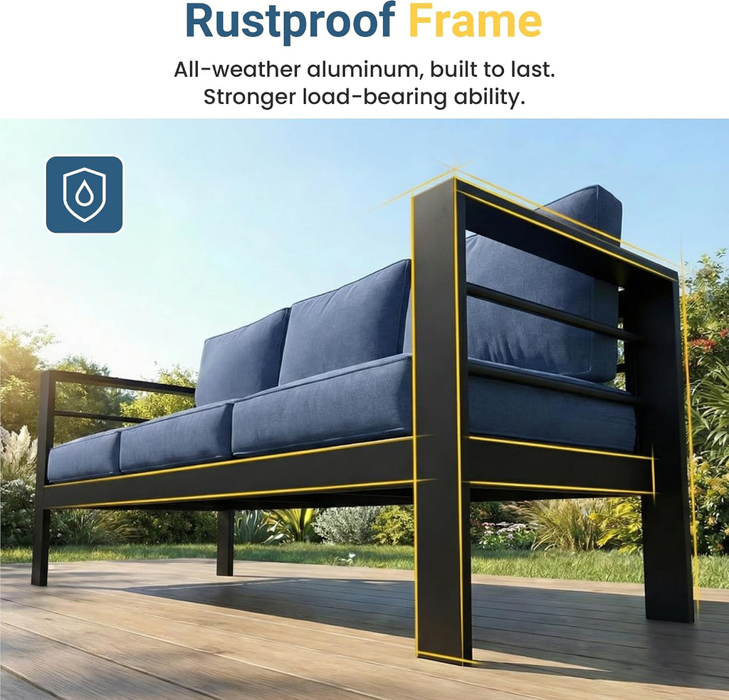 Wisteria Lane Patio Furniture Aluminum Loveseat, All-Weather Outdoor 2 Seats Sofa Couch, Patio Outdoor Sofa, Black Metal Chair with Blue Cushions