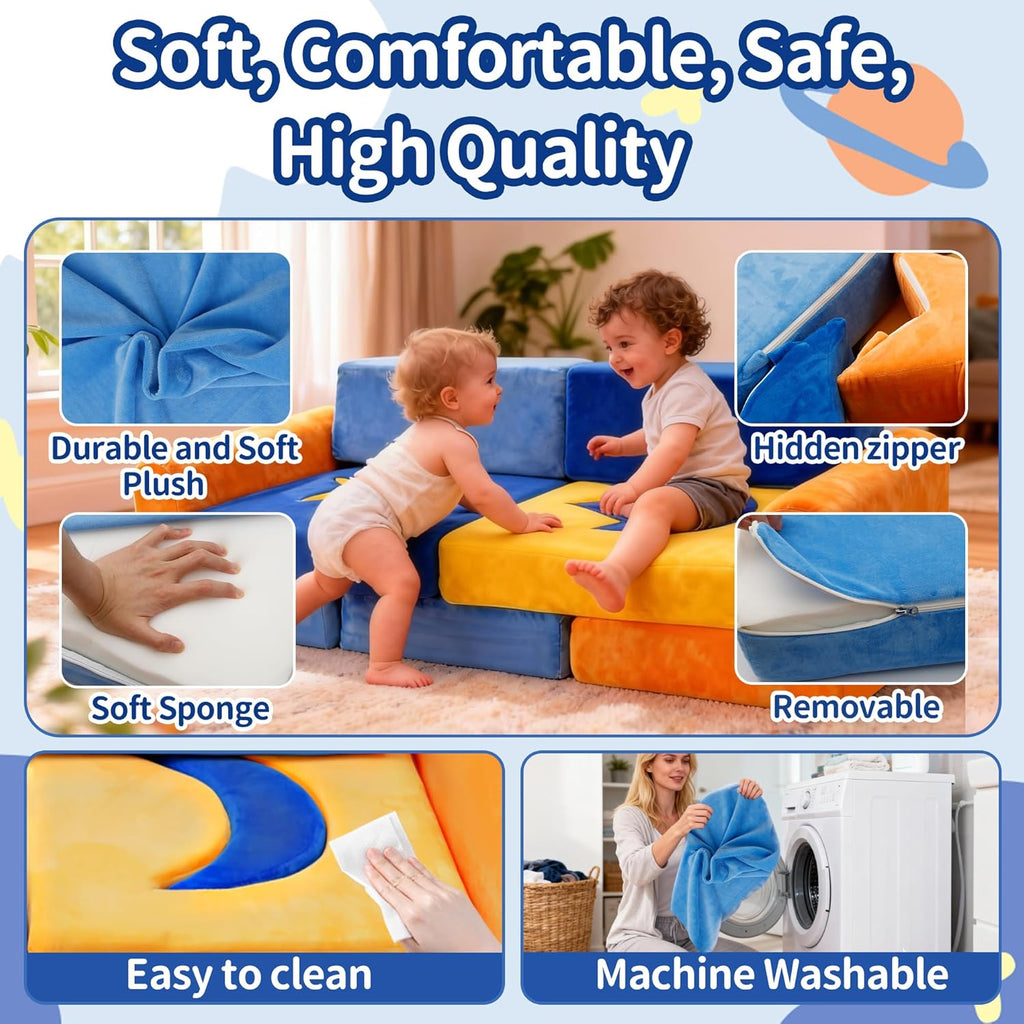 11Pcs Modular Kids Play Couch, Indoor Child Sectional Sofa for Toddlers over 1 year old, Kids Couch for Playroom Living Room, Convertible Foam Climbing Blocks Sofa for Boys and Girls, Stars and Moon