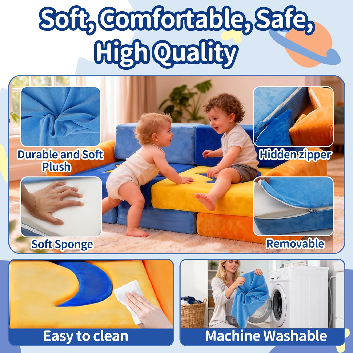 11Pcs Modular Kids Play Couch, Indoor Child Sectional Sofa for Toddlers over 1 year old, Kids Couch for Playroom Living Room, Convertible Foam Climbing Blocks Sofa for Boys and Girls, Stars and Moon