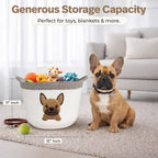French Bulldog, Pug & Boston Terrier Dog Toy Basket, 15x11 Inch Woven Cotton Rope Storage Bin with Puppy Patch, Large Pet Organizer for Toys, Blankets, Leashes, Living Room Decor (Brown/Beige)