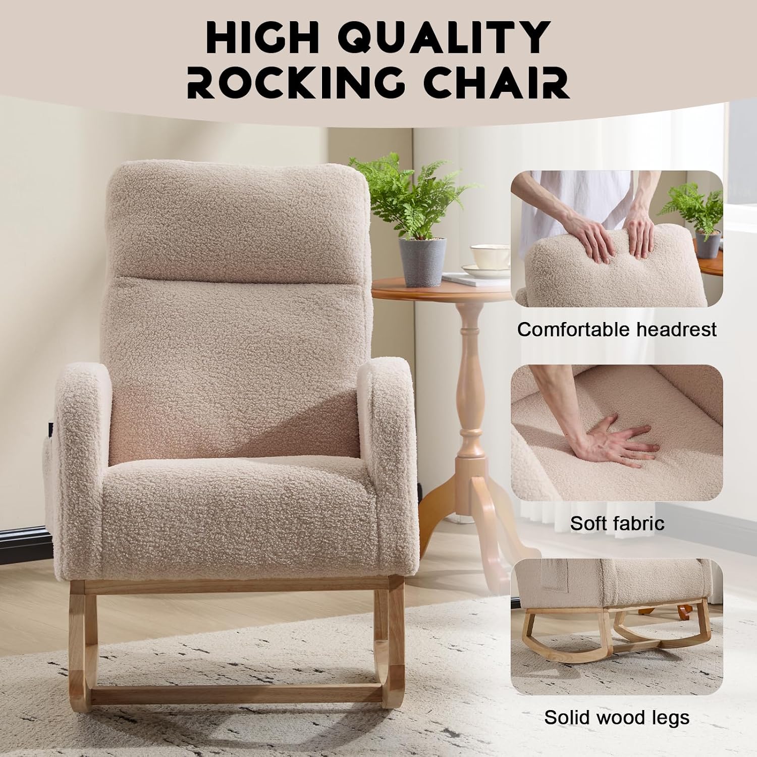 Modern Accent Rocking Chair with Solid Wood Legs, 19 Inch Wide Upholstered Nursery Glider Rocker, Comfy Armchair with Side Pocket, Living Room Lounge Arm Chair with High Backrest (Beige No Footrest)