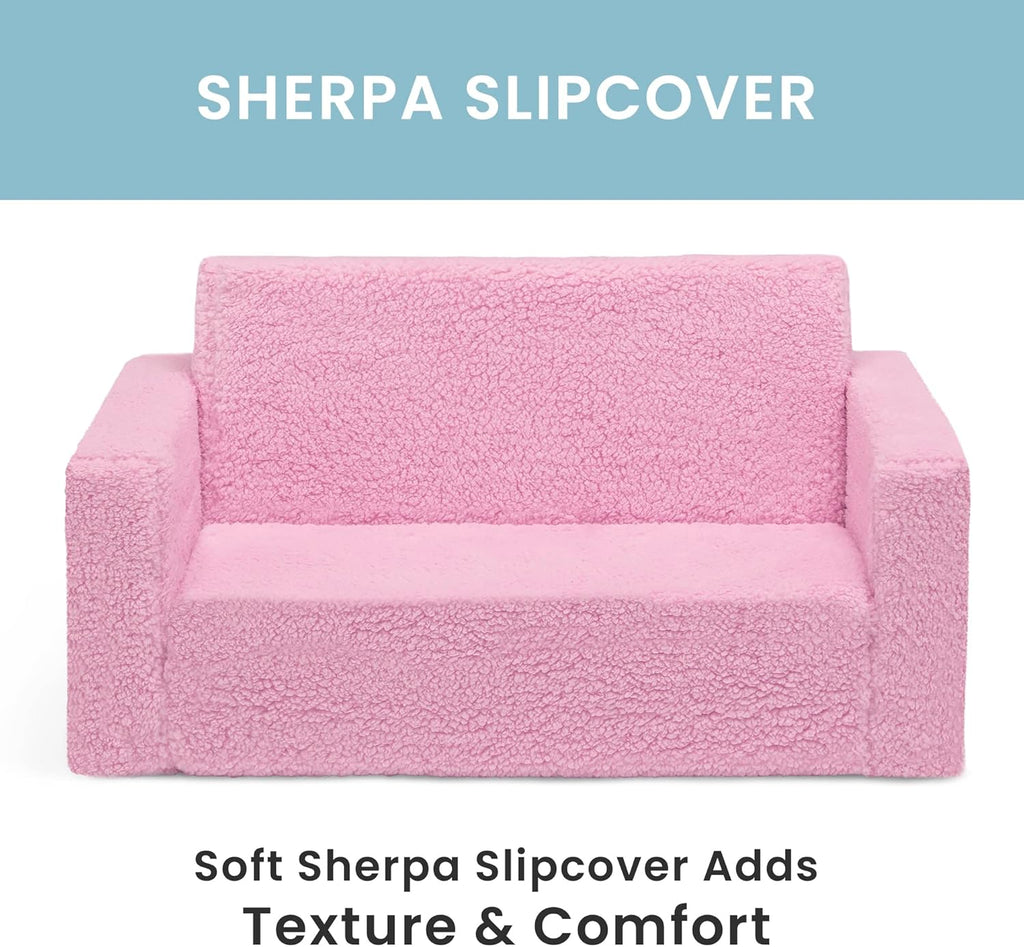 Delta Children Cozee Flip-Out Sherpa 2-in-1 Convertible Sofa to Lounger for Kids, Pink
