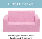 Delta Children Cozee Flip-Out Sherpa 2-in-1 Convertible Sofa to Lounger for Kids, Pink