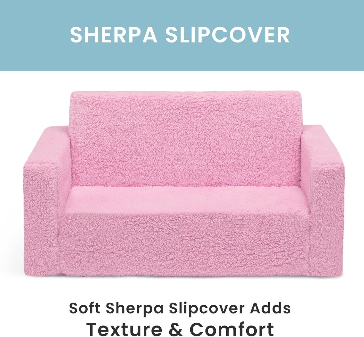 Delta Children Cozee Flip-Out Sherpa 2-in-1 Convertible Sofa to Lounger for Kids, Pink