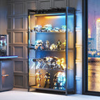 AODK Display Case with LED Lights, Display Cabinet with Glass Storage Shelves and Industrial Metal Mesh, 4-Tier Display Shelf for Collectibles, Curio Cabinet with Open Shelf, Black Book Shelf