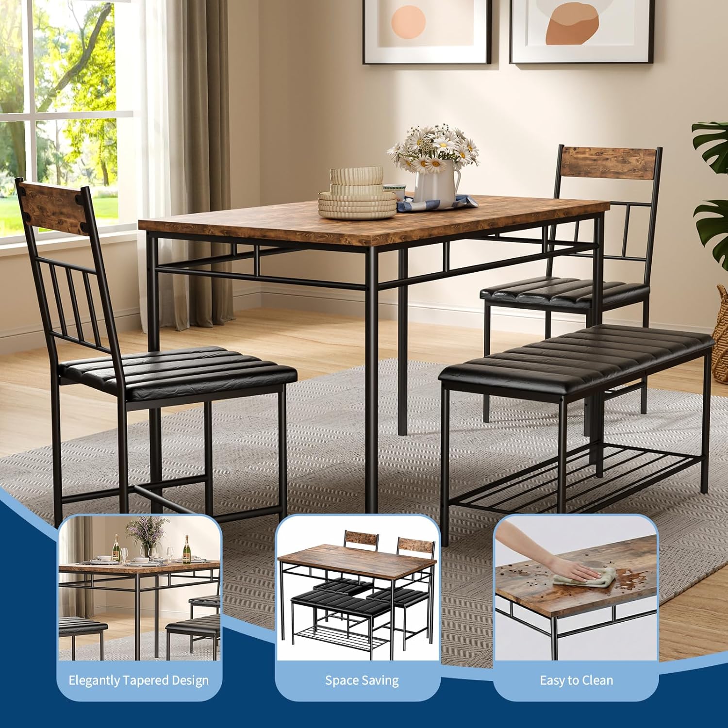 Garvee 4-Piece Modern Dining Table Set, Kitchen Table with Upholstered Chairs and Bench, Kitchen Table Set for Small Space, Apartment, Home, Studio