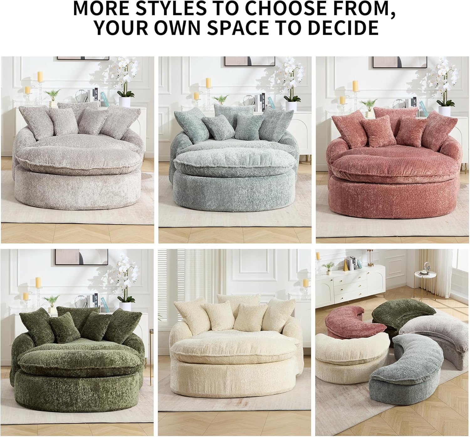 Round Oversized Lounge Chair with Ottoman - Cloud Comfy Boneless Sofa Chair for Living Room Relaxation (Olive Green, Chair and Ottoman)