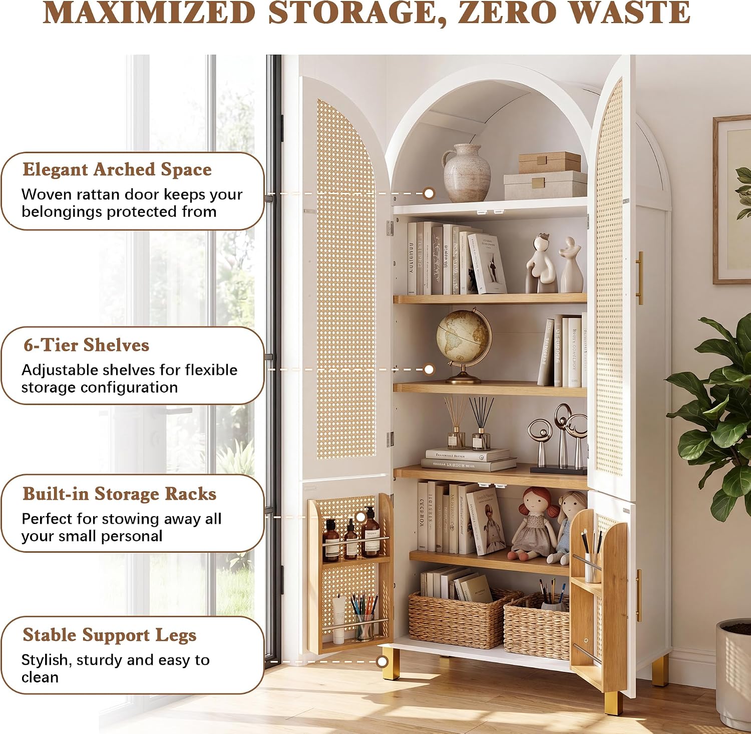 Polibi 71" Tall 4-Door Arched Cabinet, MDF Rattan Door Storage with Adjustable Shelves, Built-in Racks & 4 Support Legs, Farmhouse Pantry Cabinet for Kitchen & Dining Room, White