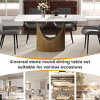 Modern Sintered Stone Dining Table for 6, White Kitchen Table with U-Shaped Gold Carbon Steel Pedestal & Marble Pattern Top, Rounded Corner Design, 63" W Curved Rectangle