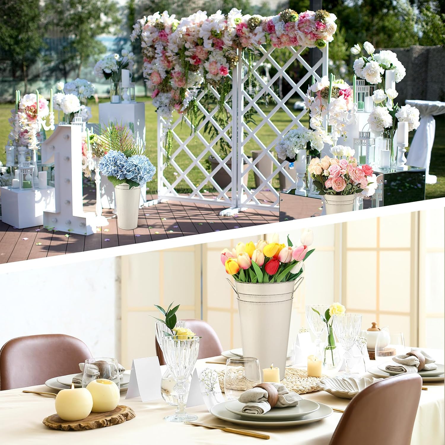 Irenare 12 Inch Vintage Galvanized Flower Bucket Metal Flower Vase Farmhouse French Bucket Planter Metal Floral Container for Party Table Centerpiece Weddings Home(White,6 Pcs)