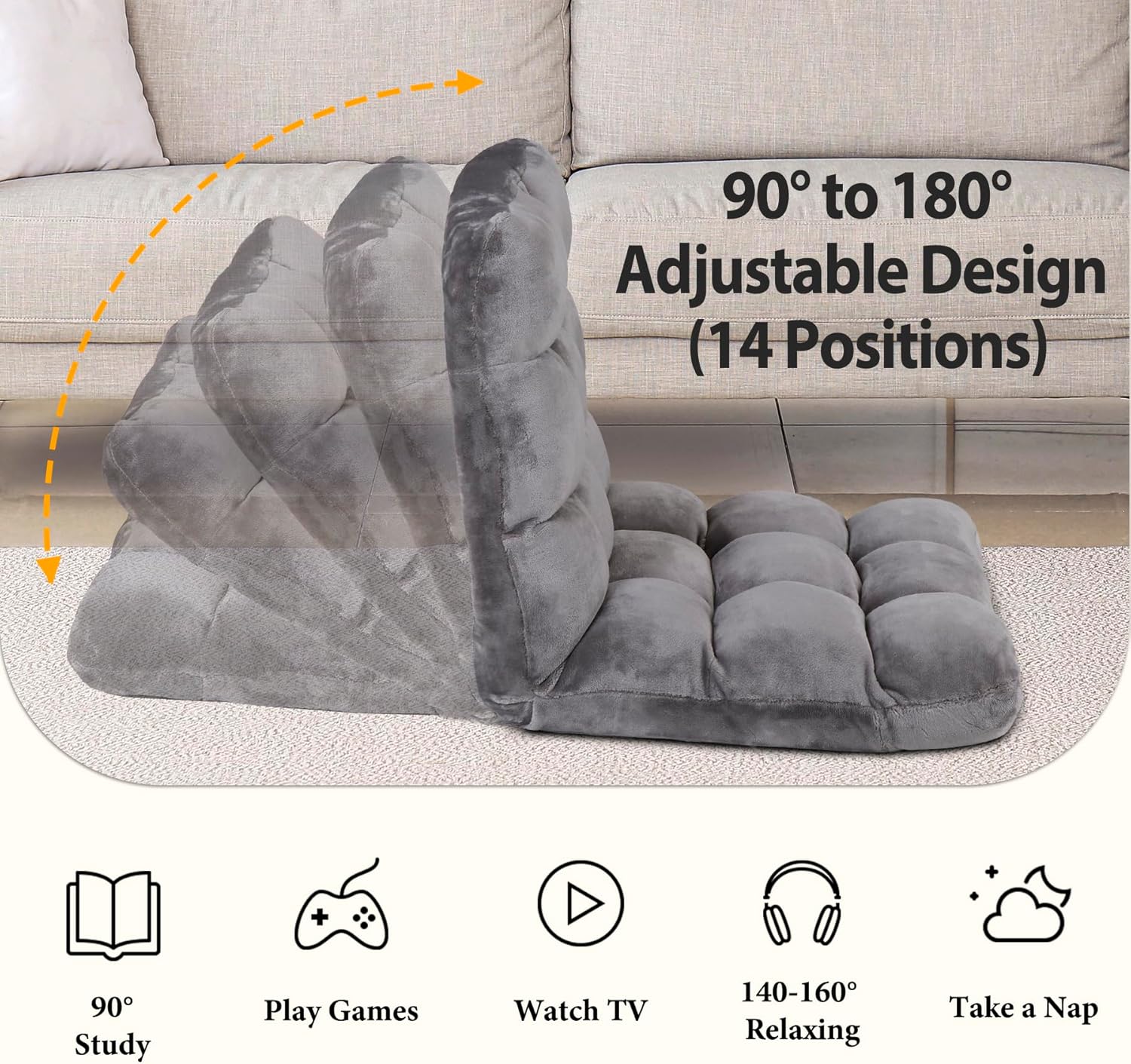 Nouva Adjustable Floor Chair 14-Position Sofa Bed Foldable Cushion Video Gaming Chairs Bean Bag Chair Reading Seating for Adults Kids Teens for Bedroom Living Room Indoor Use,Grey