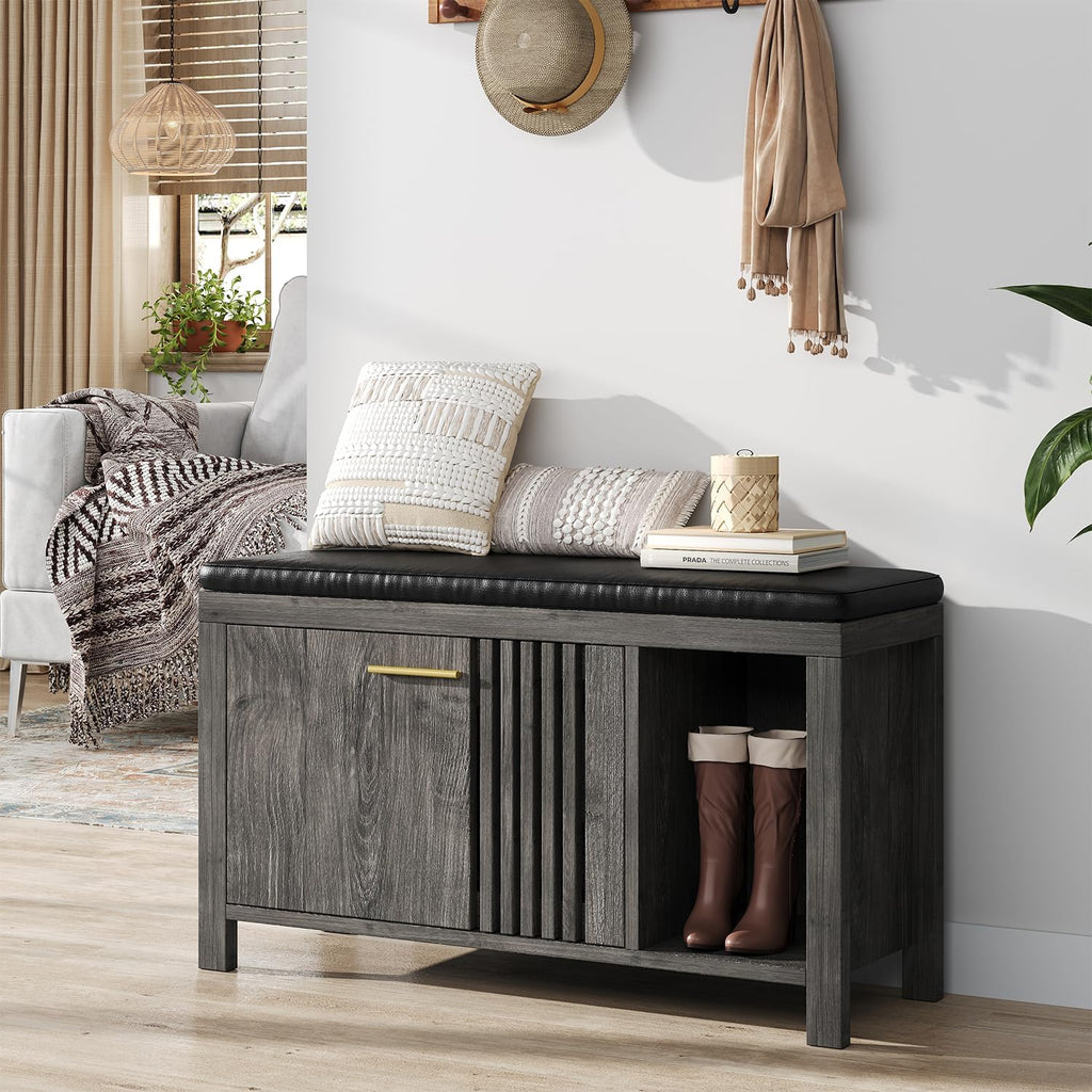 UNIQUITE 40" Shoe Storage Bench with Flip Drawers & Padded Seat Cushion, Open Compartments & Slatted Doors, Entryway Bench with Shoe Storage for Entryway, Hallway, Living Room, Bedroom, Oak Grey