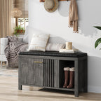 UNIQUITE 40" Shoe Storage Bench with Flip Drawers & Padded Seat Cushion, Open Compartments & Slatted Doors, Entryway Bench with Shoe Storage for Entryway, Hallway, Living Room, Bedroom, Oak Grey