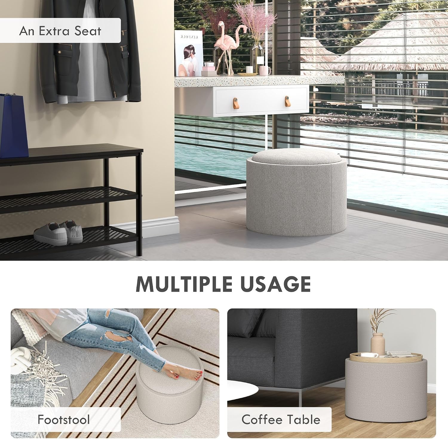 Reversible Storage Ottoman with Lid, Light Gray