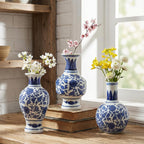 Goaste 3 Pack Small Blue and White Porcelain Vases, 5.5 Inch Tall Mini Vintage Vases, Classic Decorative Bud Vase, Chinoiserie Ceramic Vase for Home Decor, Office, Party Decoration and Events
