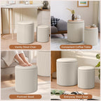 Round Ottoman with Storage Set of 2, Breathable Cotton & 300LBS Engineered Wood Frame, Nesting Side Table with Blanket Storage, No Assembly Cozy Vanity Stools for Living Room, Beige