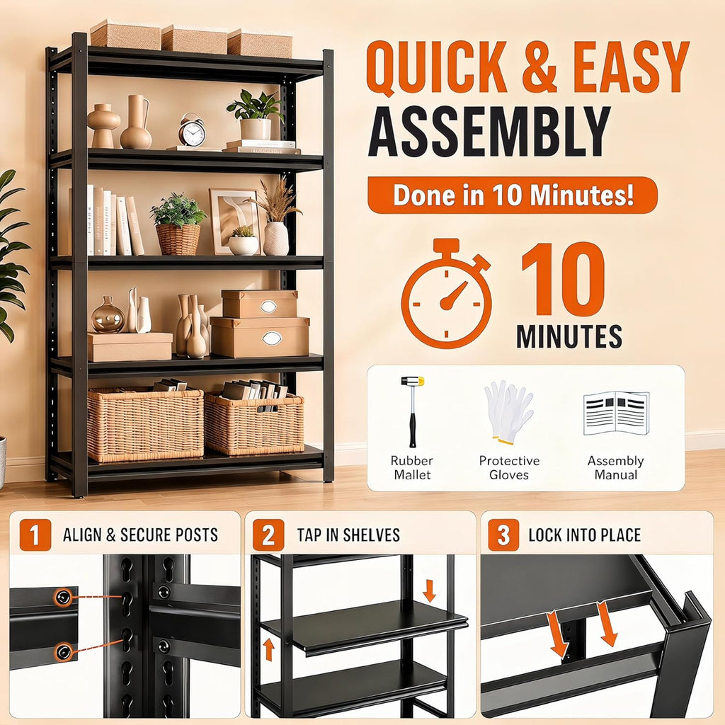 Bolt-Free 6 Tier Metal Bookshelf, 2 in 1 Adjustable Tall Bookcase, 1800LBS Heavy Duty Deep Book Shelf, Industrial Black Wide Bookshelf, Modern Book Shelves for Bedroom, Living Room, 40"W x16"D x 82"H
