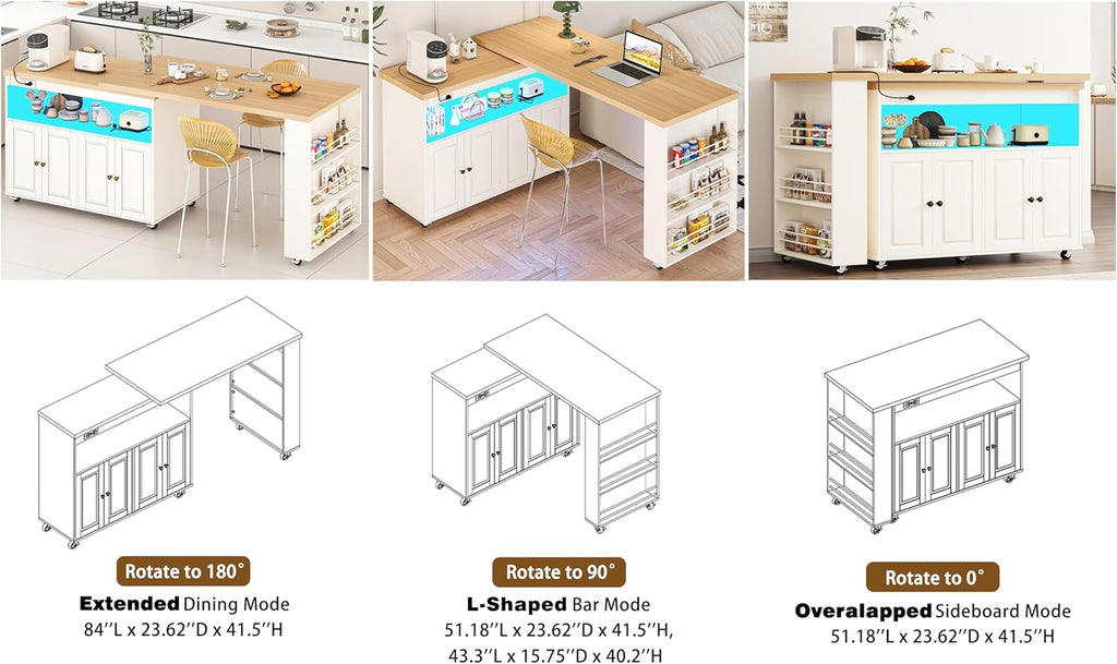 84’’ Rolling Kitchen Island with Swivel Table, Kitchen Cart with LED Lights, Power Outlet, Movable Storage Cabinet with Side Tabletop on Wheels, for Kitchen, Living Room, Home Bar, White
