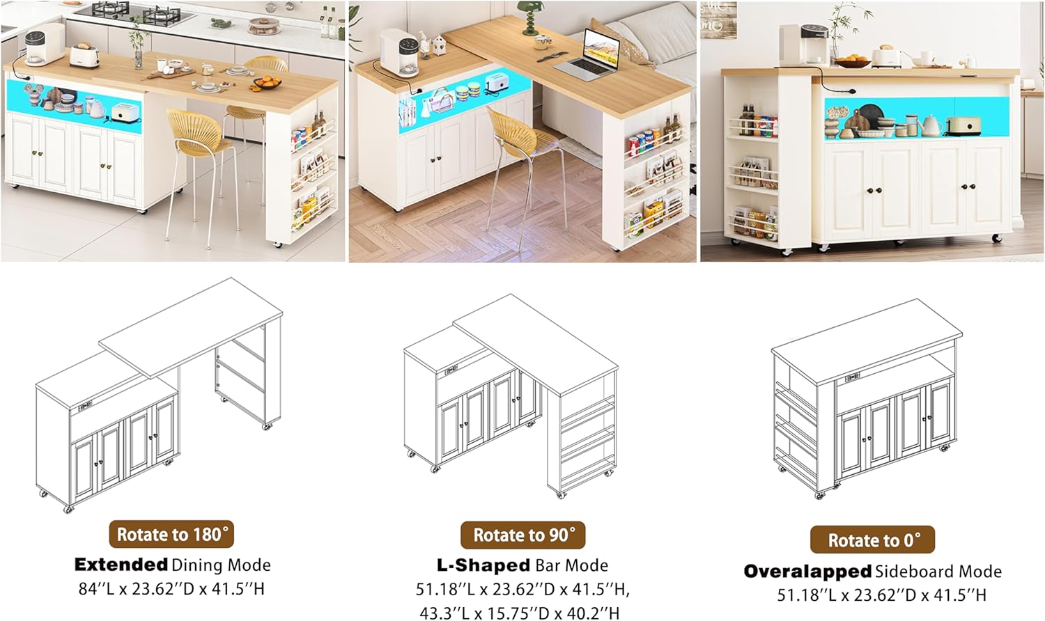 84’’ Rolling Kitchen Island with Swivel Table, Kitchen Cart with LED Lights, Power Outlet, Movable Storage Cabinet with Side Tabletop on Wheels, for Kitchen, Living Room, Home Bar, White