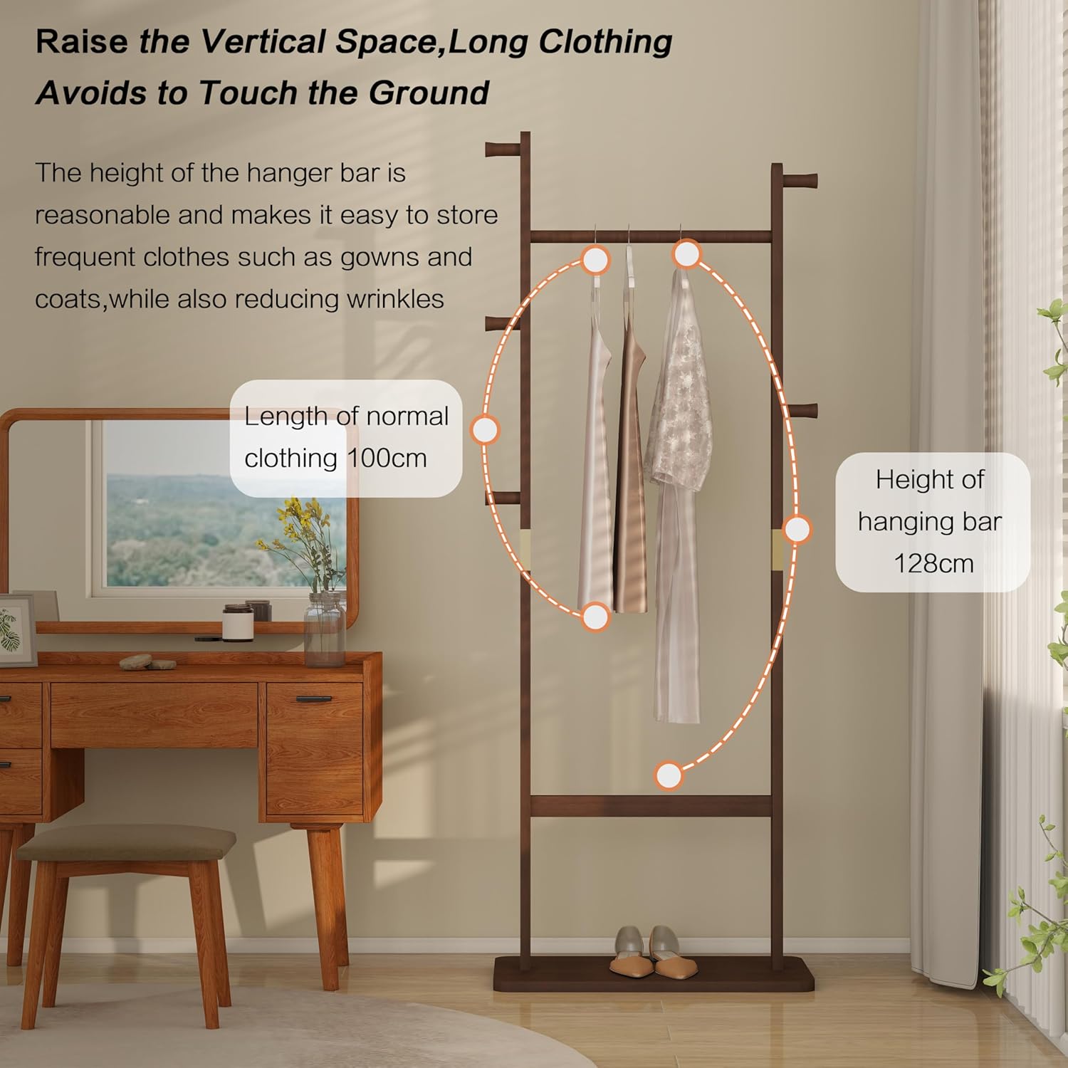 Solid Wood Coat Rack Freestanding, 71" Heavy Duty Clothes Rack with Dual Rods & Hooks, Stable Space Saving Hall Tree Entryway Organizer for Bedroom, Living Room (Walnut)