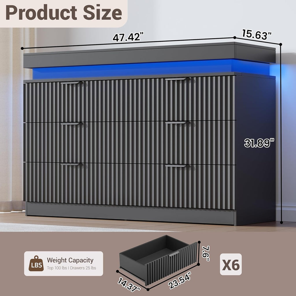 Dresser for Bedroom with RGB LED Lights and Charging Station, 6 Drawers Wooden Chest of Drawers, 47.2" Wide Fluted TV Stand, Closet Clothes Storage Organizer for Living Room, Hallway, Black