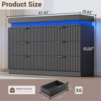 Dresser for Bedroom with RGB LED Lights and Charging Station, 6 Drawers Wooden Chest of Drawers, 47.2" Wide Fluted TV Stand, Closet Clothes Storage Organizer for Living Room, Hallway, Black