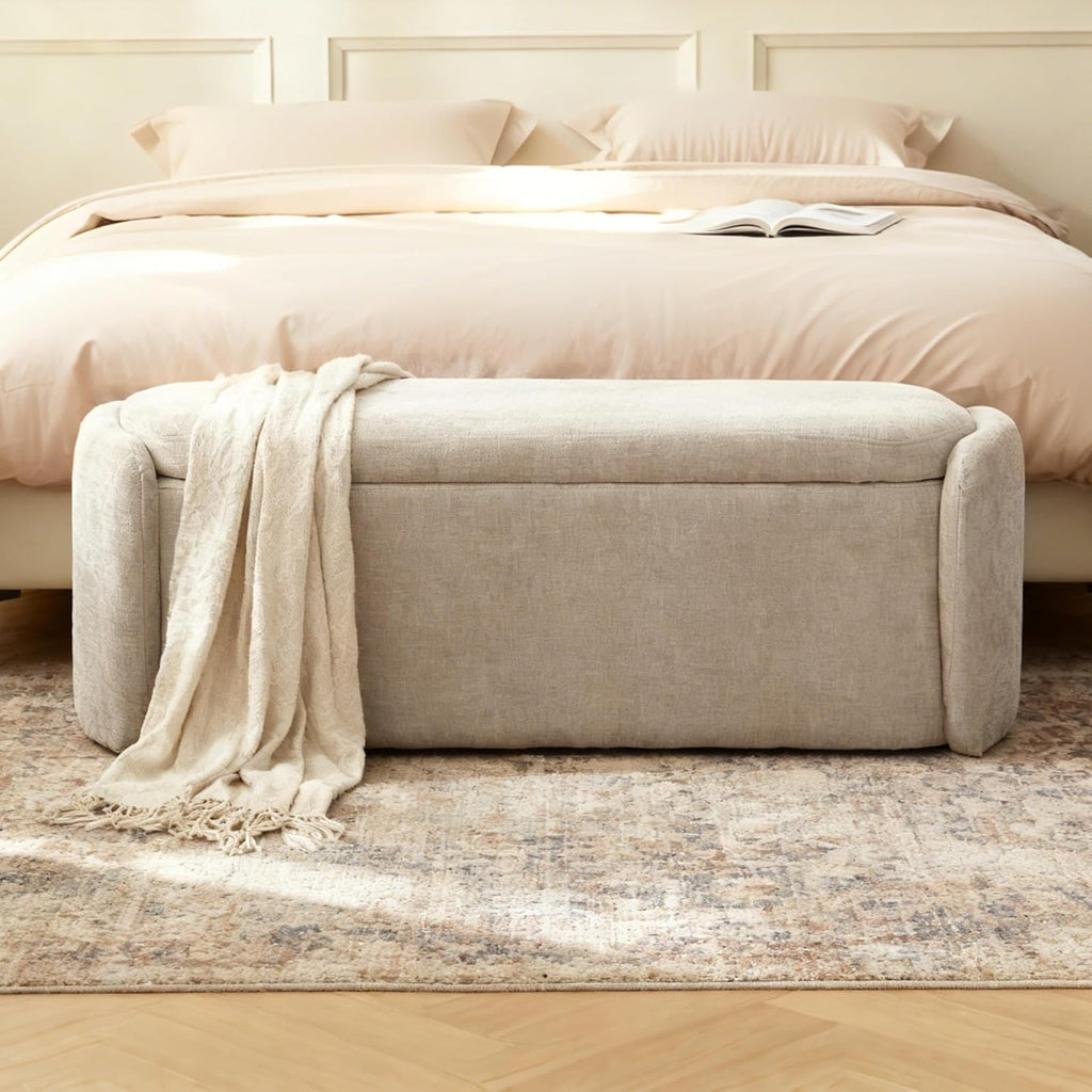VKNOW 46" Oval Storage Ottoman Bench, Upholstered End of Bed Bench Ottomans Bench Foot Rest, Sherpa Storage Bench for Bedroom, Living Room and Hallway, Light Brown