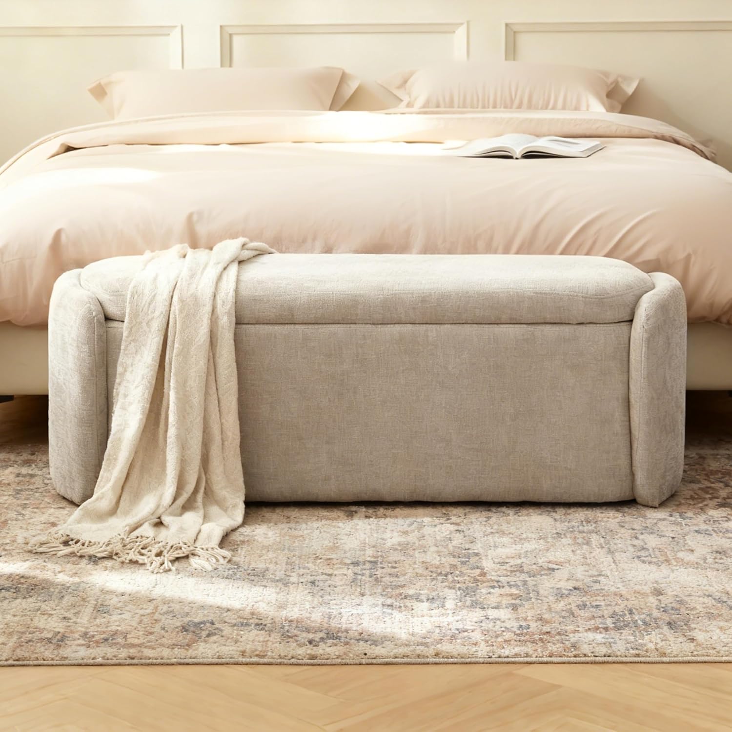 VKNOW 46" Oval Storage Ottoman Bench, Upholstered End of Bed Bench Ottomans Bench Foot Rest, Sherpa Storage Bench for Bedroom, Living Room and Hallway, Light Brown