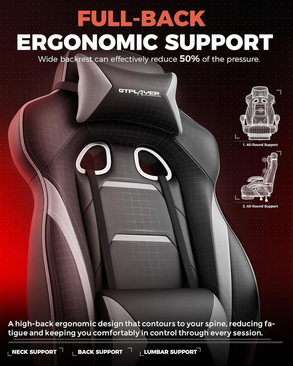 GTPLAYER Gaming Chair with Footrest, Big and Tall Computer Game Chair 350lb Racing Style, Ergonomic High Back Lumbar Support and Recliner, Moon Gray