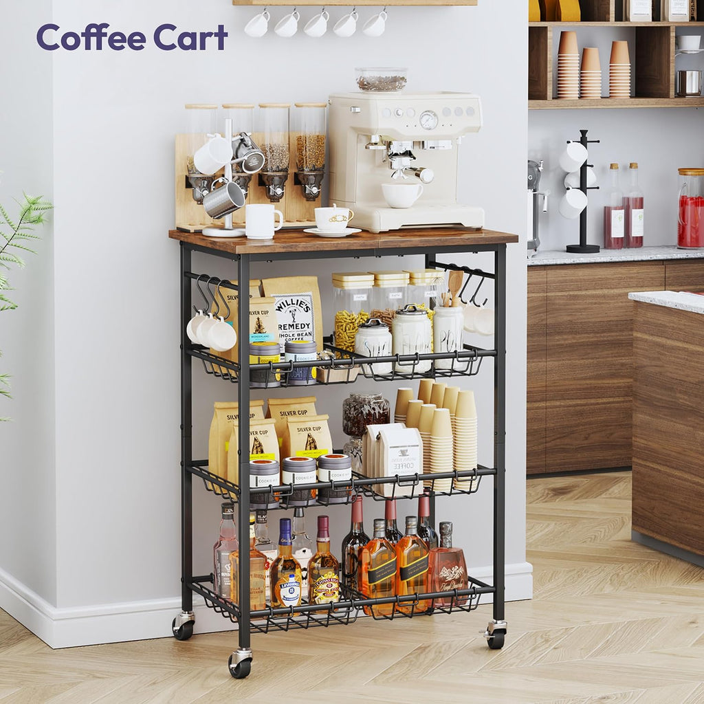 SWTYMIKI 24.4''x15.7'' Rolling Microwave Cart - 4 Tier Microwave Table Stand with 6 Storage Baskets, Coffee Bar with Wheels, Kitchen Utility Cart Shelf Rack Organizer for Vegetables, Potato, Brown