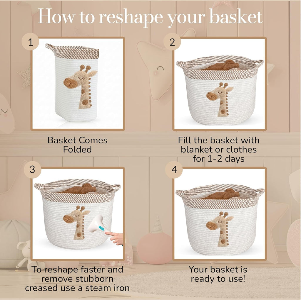 Giraffe Storage Basket for Nursery – Large 15”x11” Cotton Rope Bin with Soft Felt Animal Patch – Toy Organizer, Baby Laundry Hamper, Diaper & Towel Holder – Foldable, Washable & Baby-Safe
