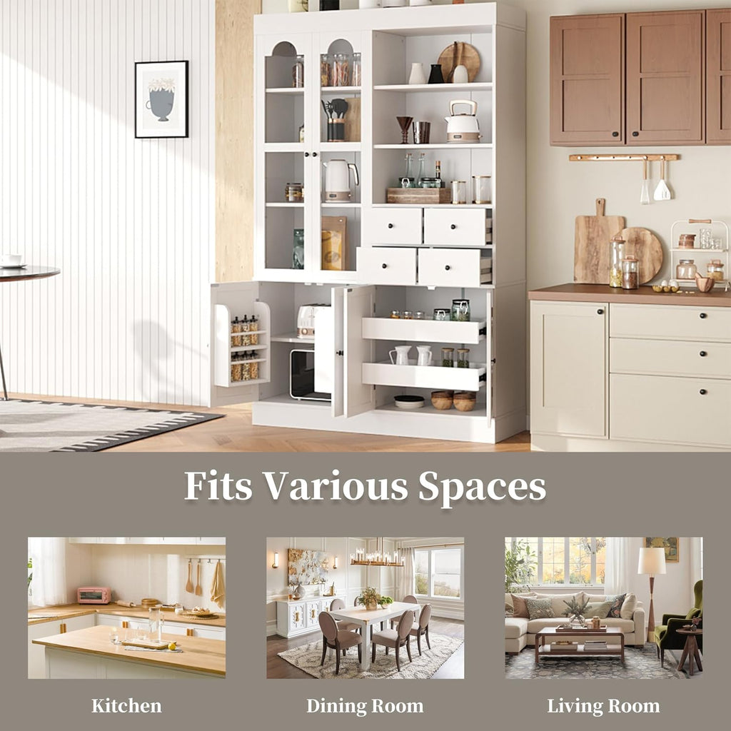 75 Inch Tall Freestanding Buffet with Hutch, Farmhouse Kitchen Pantry Cabinet, Dining Room Storage Cupboard with 4 Drawers, Door Shelves and Pull-Out Trays for Living Room,White