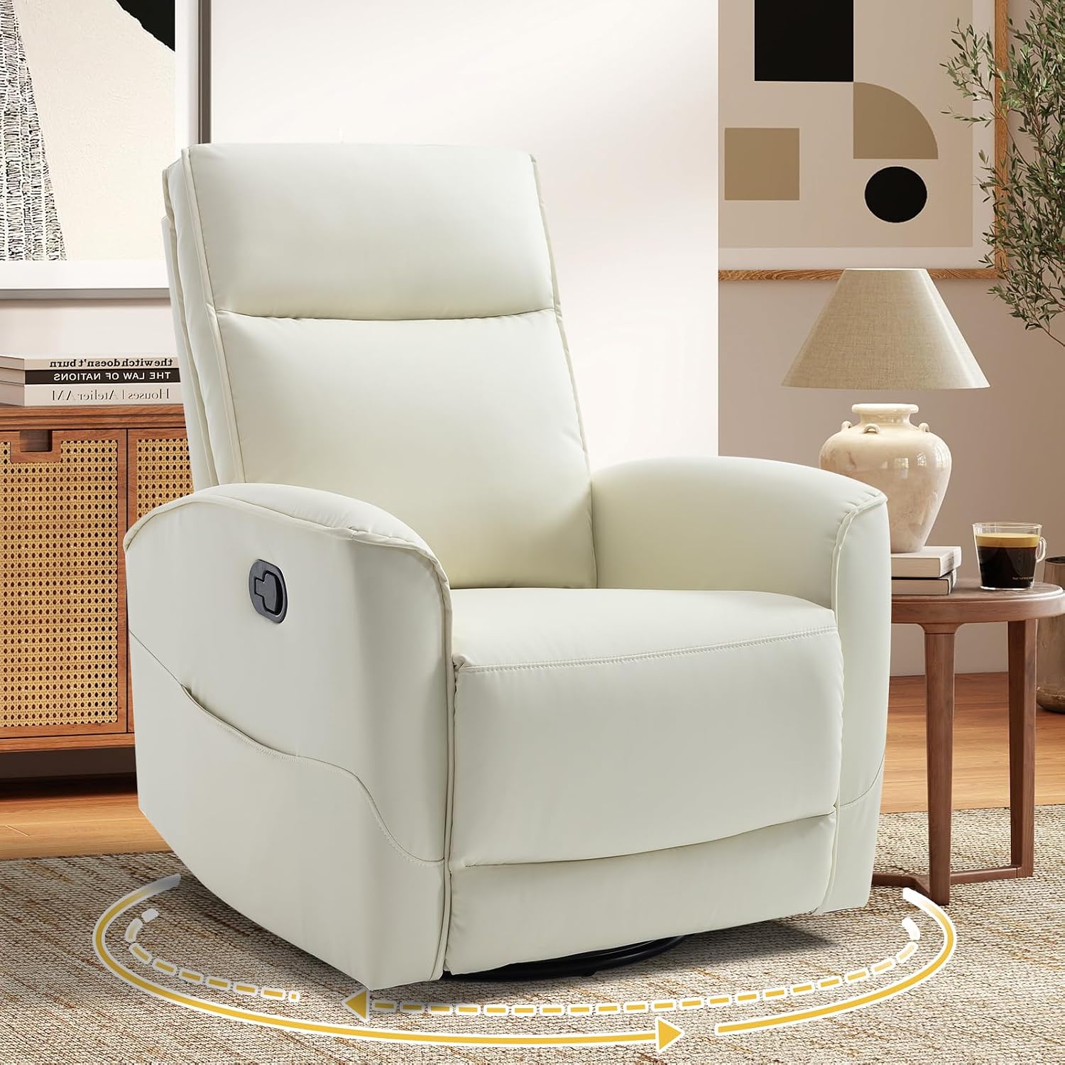 HAOMARKETS Swivel Rocker Recliner Chair, Manual Faux Leather Glider Rocking Recliners for Adults, 360° Swivel Nursery Reclining Sofa with Storage Pocket