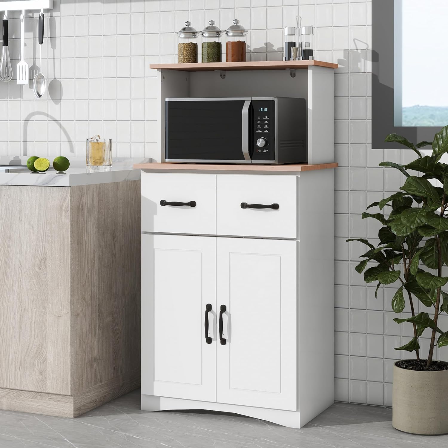 Kitchen Pantry Cabinet with Doors and Drawers, Storage Cabinet with Microwave Stand, Coffee Bar Hutch Cupboard Cabinet for Kitchen/Dining Room/Living Room