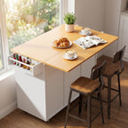 YESHOMY 56" Kitchen Island with Trash Can Storage, Drop Leaf Kitchen Island with Storage, 2 Drawers, 5 Wheels, Spice Rack & Towel Holder, White and Yellow Oak