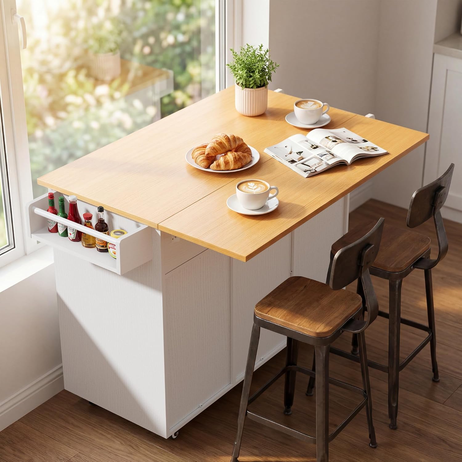YESHOMY 56" Kitchen Island with Trash Can Storage, Drop Leaf Kitchen Island with Storage, 2 Drawers, 5 Wheels, Spice Rack & Towel Holder, White and Yellow Oak
