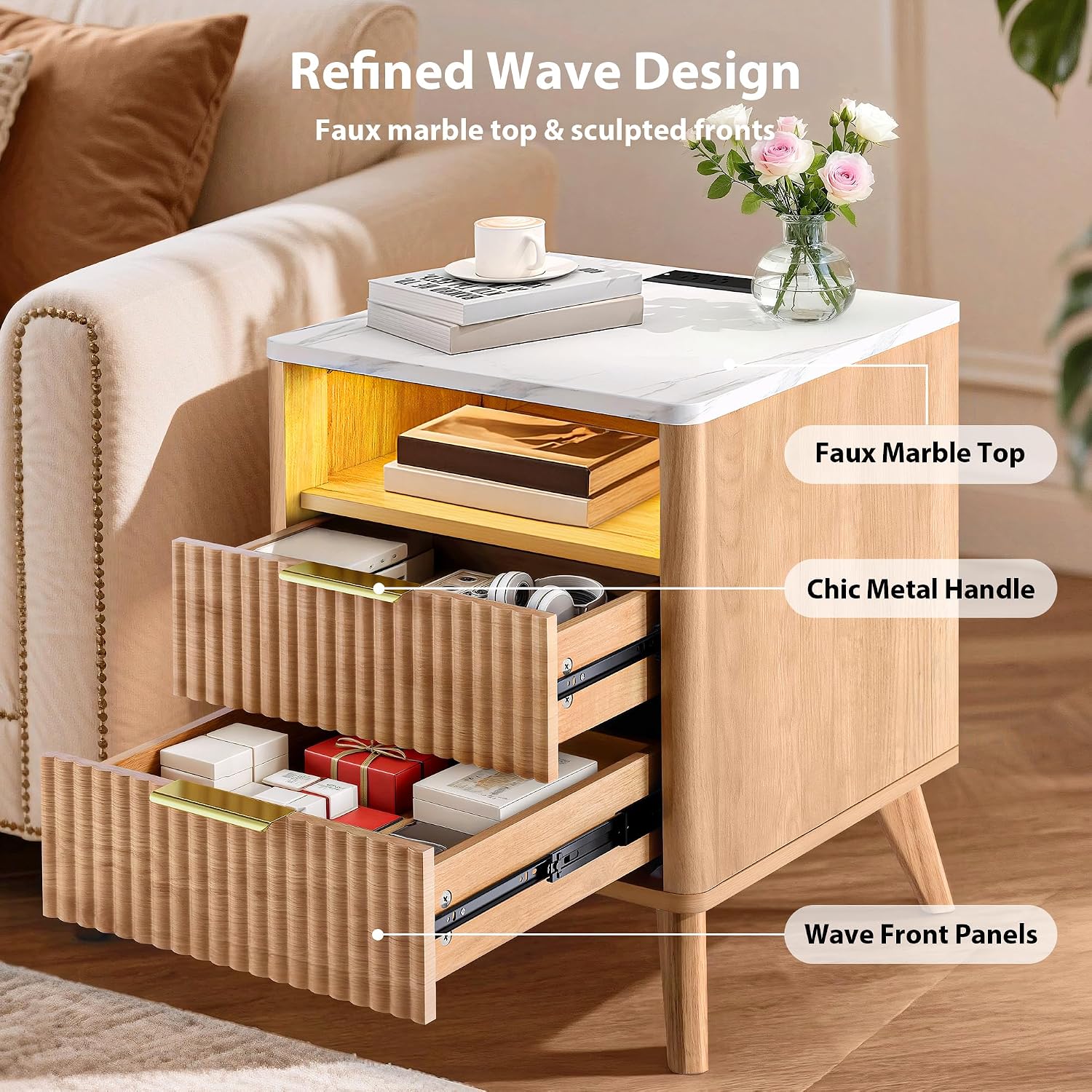 Fluted NightStand Set of 2, 18'' Wide 2 Drawers Side Table with Charging Station & LED Light, Large Modern Night Stand with Faux Marble Top, Wood Bedside Table for Bedroom, Living Room