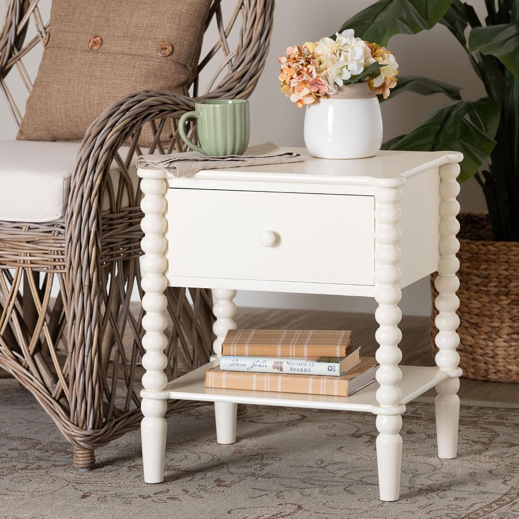 Baxton Studio Rimona End Table with Bobbin Legs - 1-Drawer Accent Table with Spindle Turned Legs and Open Shelf, Cottage Farmhouse Style Side Table for Living Room