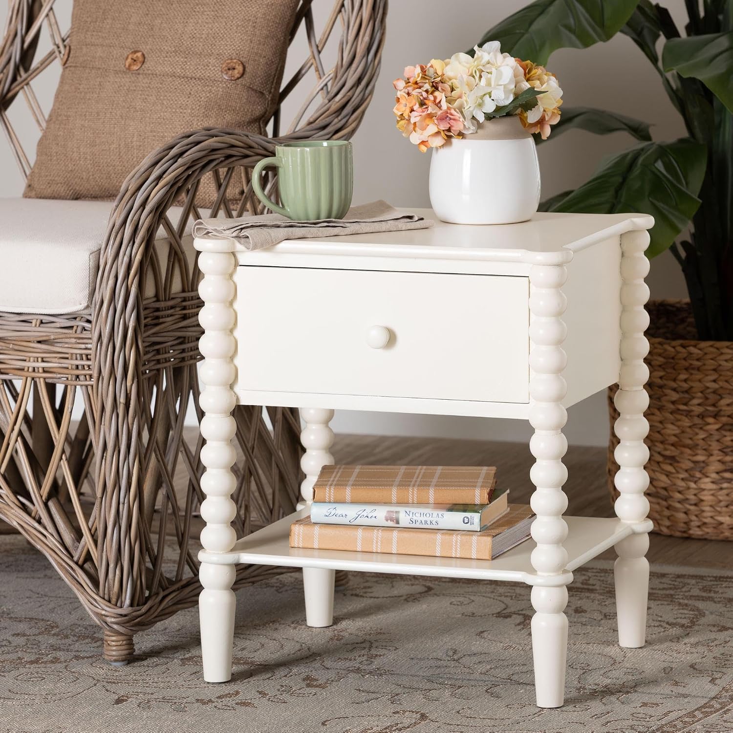 Baxton Studio Rimona End Table with Bobbin Legs - 1-Drawer Accent Table with Spindle Turned Legs and Open Shelf, Cottage Farmhouse Style Side Table for Living Room