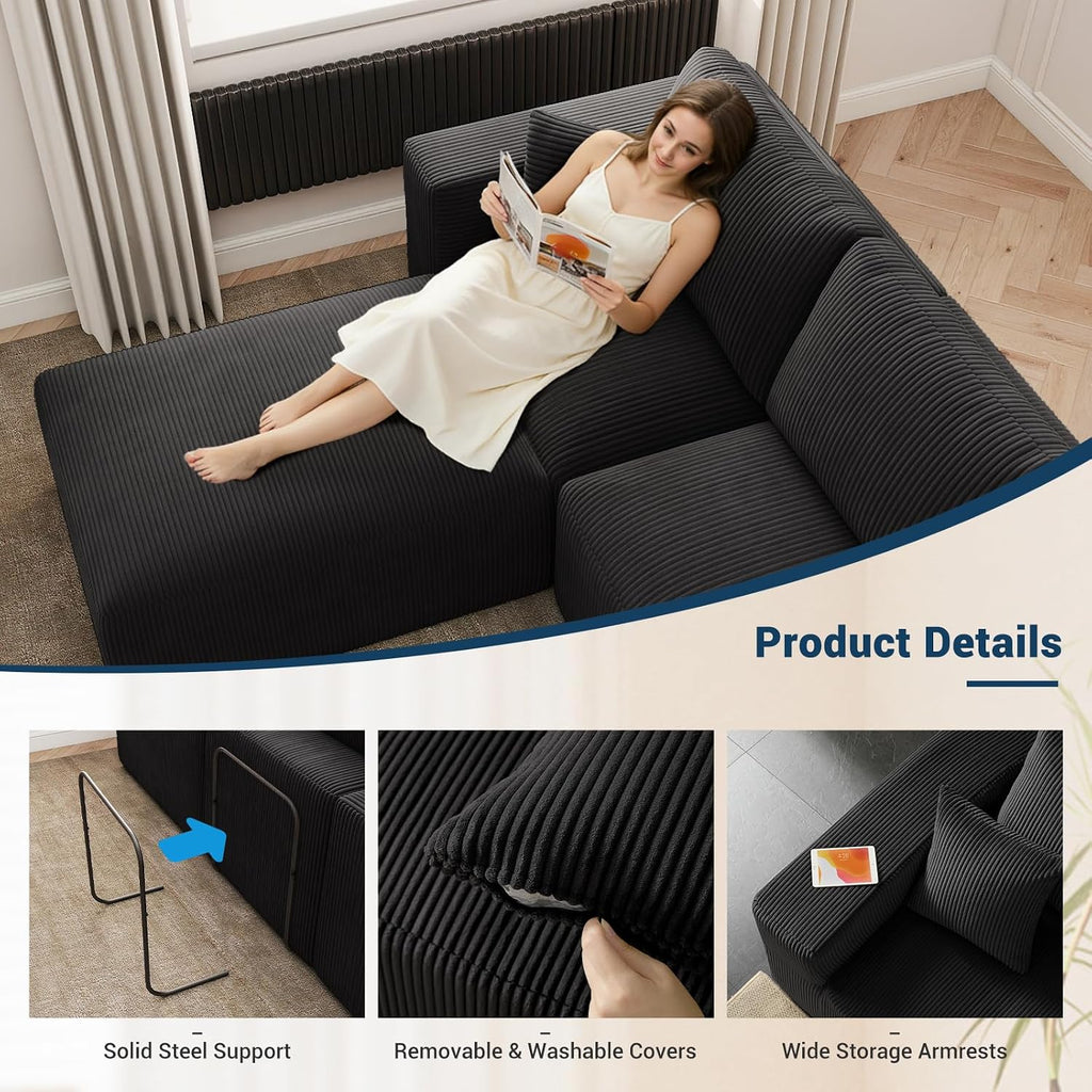Modular Sleeper Sofa Couch Modern Sectional Couches for Living Room - 79" L-Shaped Boneless Cloud Couch - Easy Assembly Corduroy Convertible Sponge Compression Sofas with Chaise for Home House(Black)