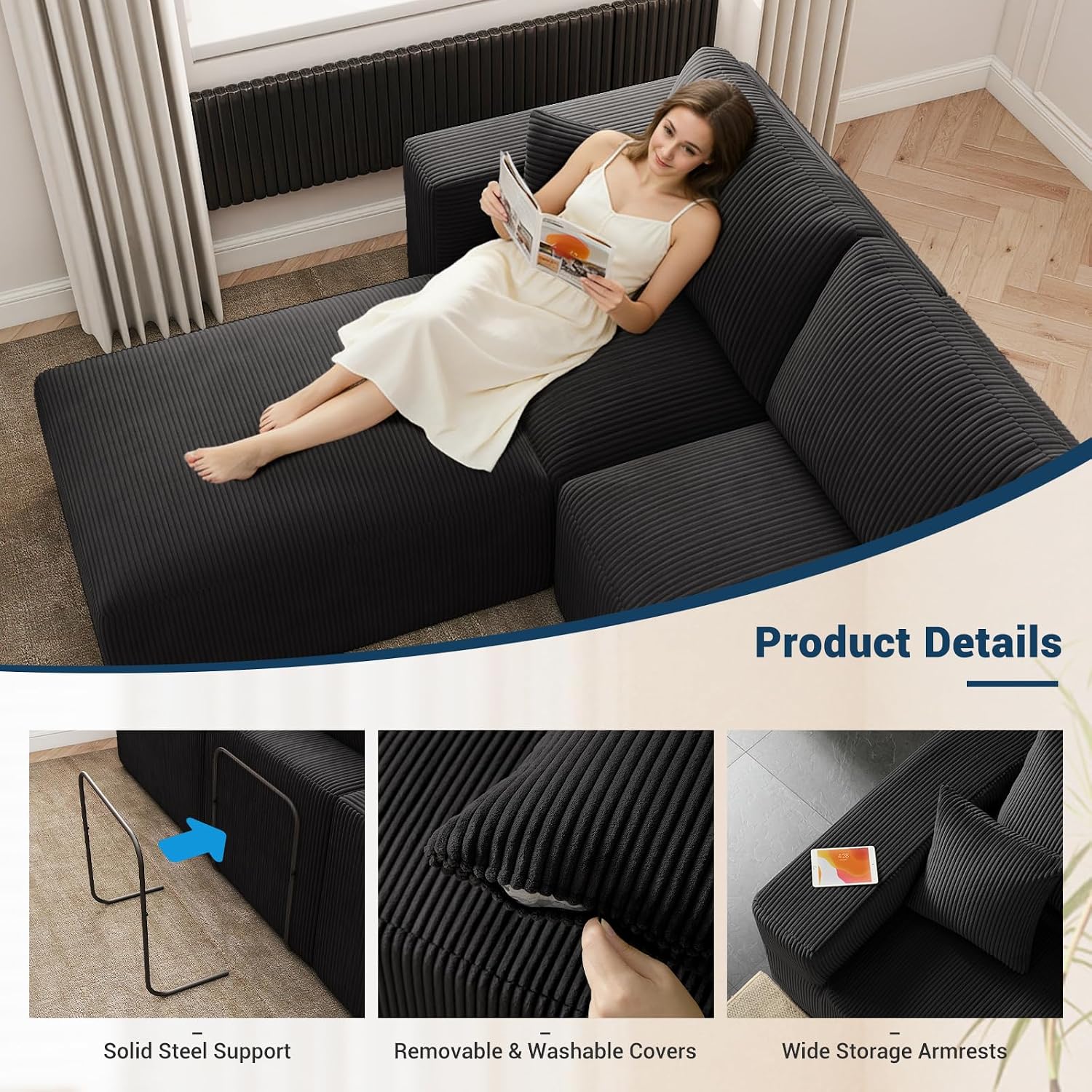 Modular Sleeper Sofa Couch Modern Sectional Couches for Living Room - 79" L-Shaped Boneless Cloud Couch - Easy Assembly Corduroy Convertible Sponge Compression Sofas with Chaise for Home House(Black)
