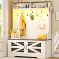 Itaar Hall Tree with Bench and Shoe Storage, 5-in-1 Entryway Bench with Coat Rack, 10 Shoe Cubbies & 9 Coat Hooks, Barn Door & Adjustable Shelf (White)