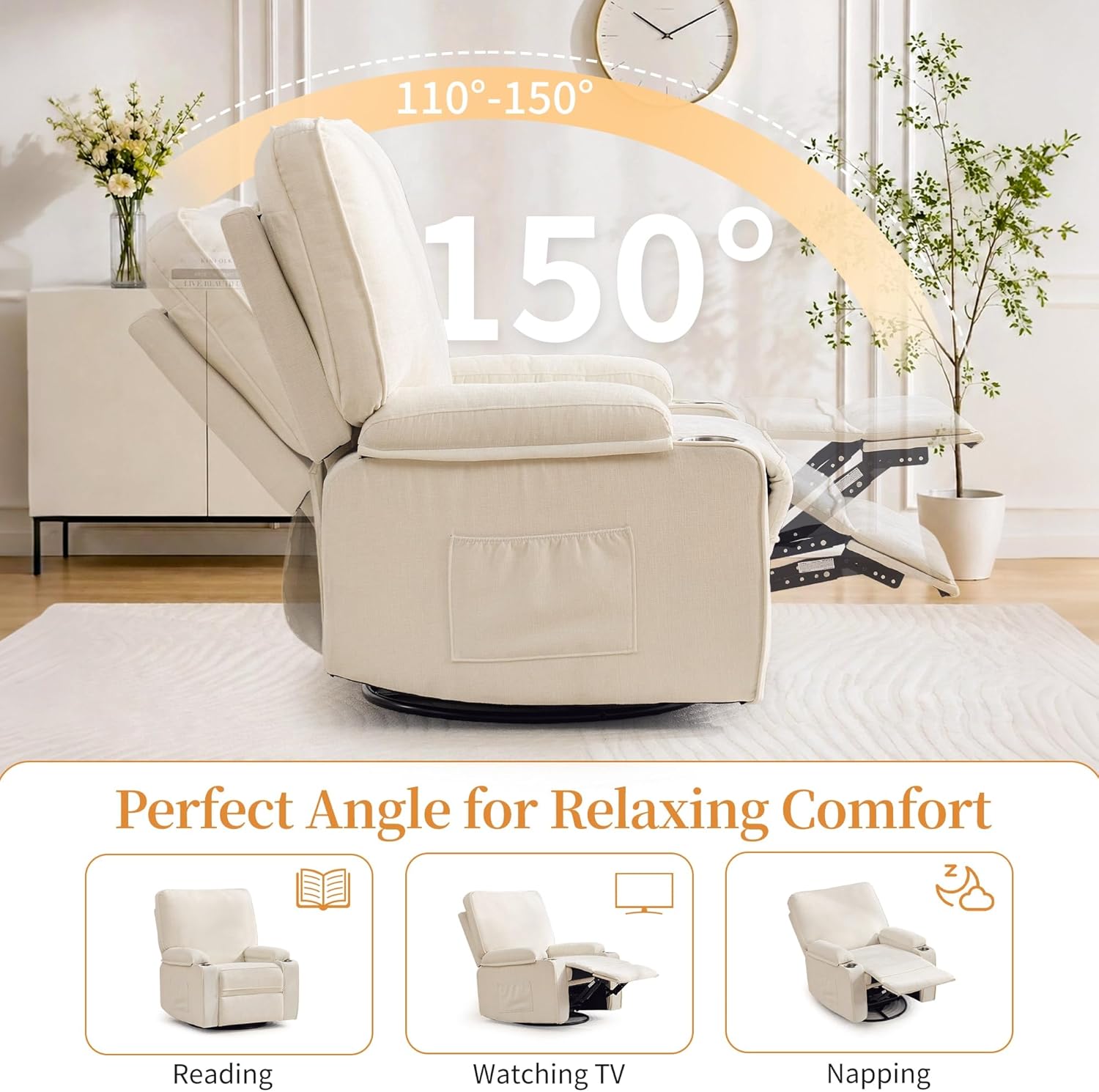 Korser Recliner Chair, Nursery Rocking Chairs for Adults, 360° Swivel Rocker Recliner with Cup Holder, Overstuffed Glider Rocking Chair for Living Room, Manual Recliner with Side Pockets, Chenille