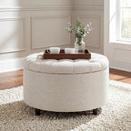28" Round Ottoman, Modern Ottoman with Storage, Tufted Upholstered Footstool with Wooden Legs, Round Coffee Table w/Removable-Top, Chenille Footrest for Living Room, Bedroom, Apartment, White