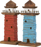 Deco 79 Wood Light House Decorative Sculpture Distressed Home Decor Statues with Blue and Brown Accents, Set of 2 Accent Figurines 5" W, 10" H, Red