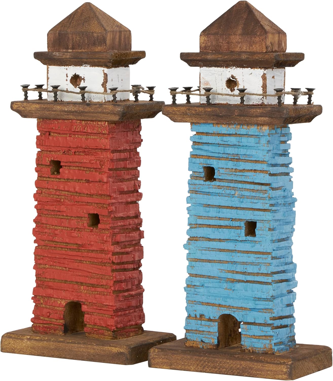 Deco 79 Wood Light House Decorative Sculpture Distressed Home Decor Statues with Blue and Brown Accents, Set of 2 Accent Figurines 5" W, 10" H, Red