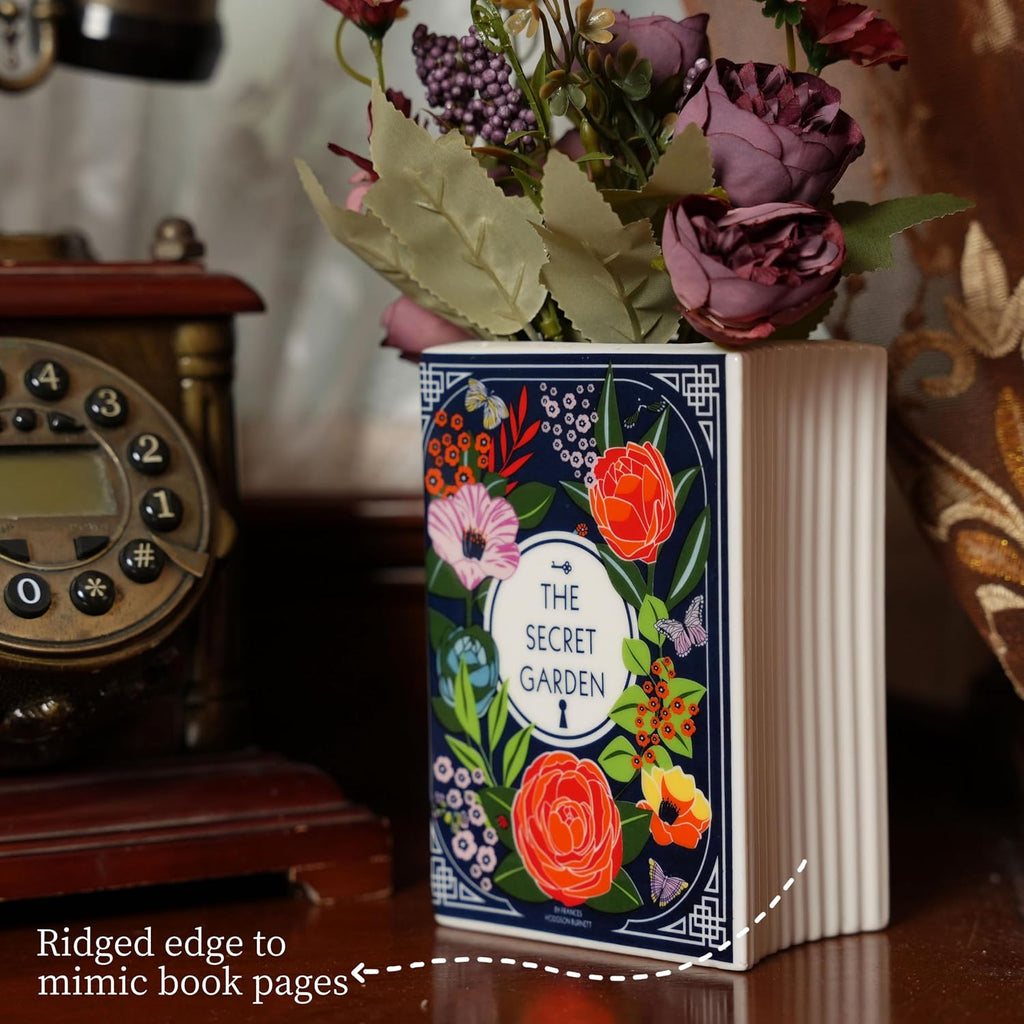 Ceramic Book Vase for Flowers, Home Decor, Cute Bookshelf Accent, Lovers Gifts, Unique Home/Bedroom/Office Decor (Small - Secret Garden)