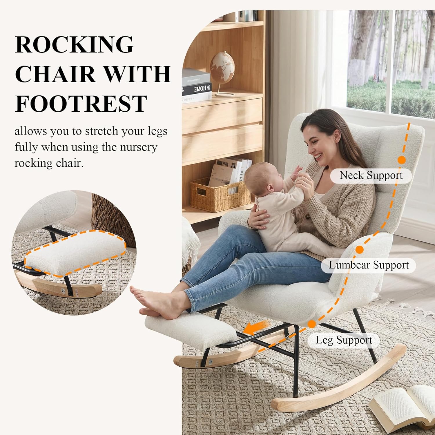 Nursery Rocking Chair with Footrest, Teddy Upholstered Glider Rocker with Side Pocket, Leisure Rocker Chair with High Back, Recliner Rocking Chair, Accent Reading Chair for Bedroom (White)