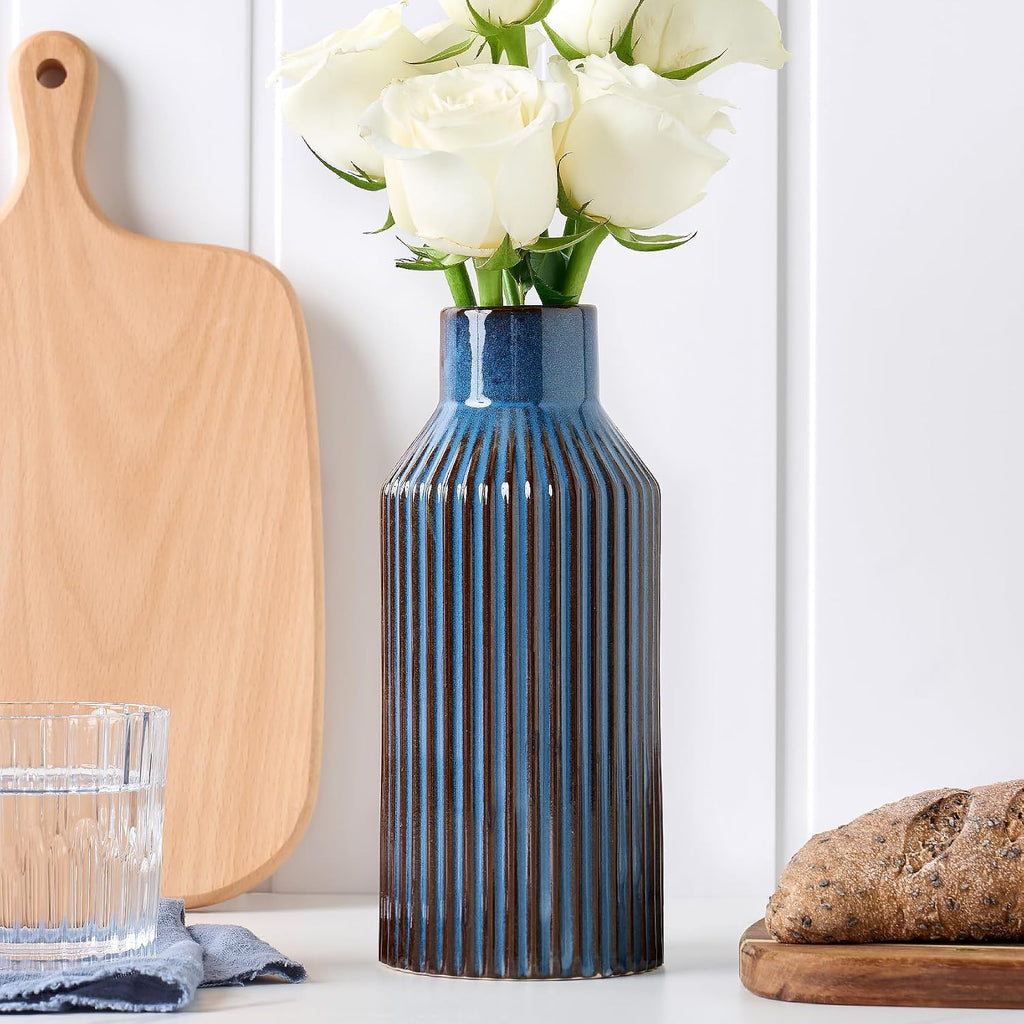STHIE 8 Inches Ceramic Flower Vase, Blue Vases for Centerpieces | Flambé Reactive Glaze,Minimalist Modern Home Decor, Pampas Grass Vase for Table, Fireplace, Shelf, Mantel, Entryway