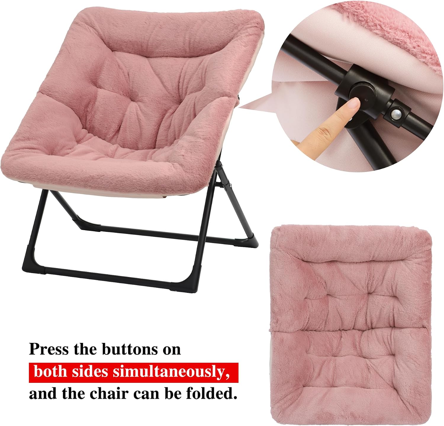 Comfy Saucer Chair for Adults, Soft Faux Fur Bedroom Chair, Accent Dorm Chairs, Flexible Living Room Reading Chairs, Oversized Folding Seat for Teens, X-Large, Dusky Pink